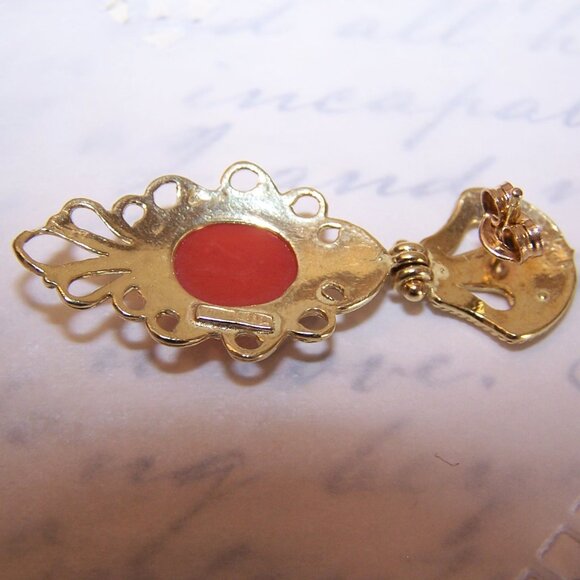 Etruscan Revival 18K Gold Orange Coral Dangle Drop Earrings - Posts with Nuts - Picture 5 of 6
